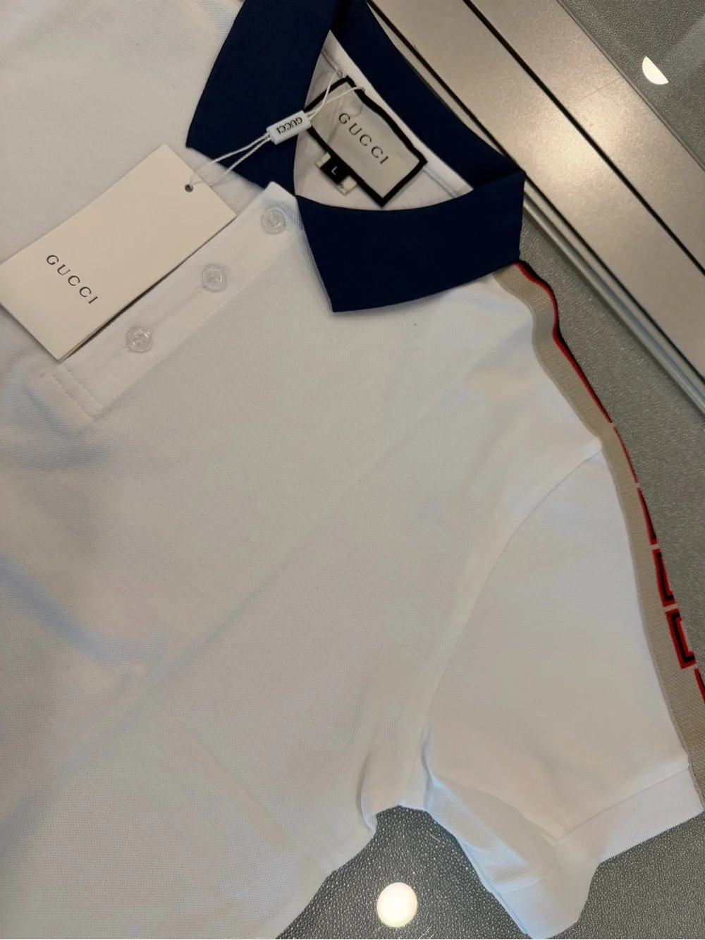 Gucci White Polo with Navy Collar and Red-Navy Shoulder Stripes